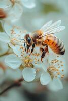 Bee collecting pollen from a flowering plant in a garden during spring photo
