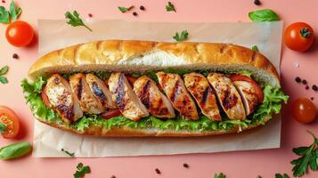 Grilled chicken sandwich with lettuce and tomato on yellow background photo