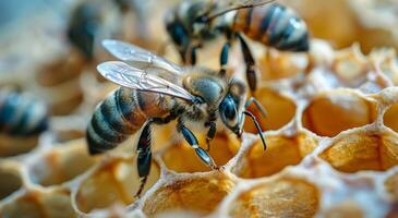 Closeup of Honey Bee Working on Honeycomb photo