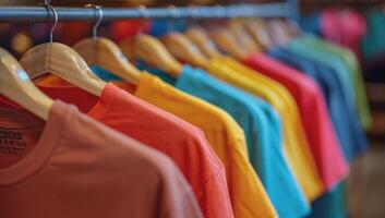Colorful T-Shirts Hanging on Wooden Hangers in a Retail Store photo