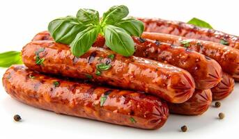Close Up of Grilled Sausages With Basil Garnish photo