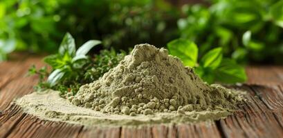 Green Powdered Herbs and Garlic on Wooden Surface photo
