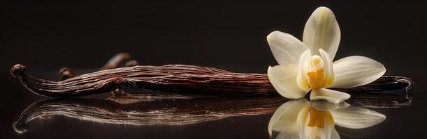 A Single Vanilla Blossom Resting on Dried Vanilla Beans photo