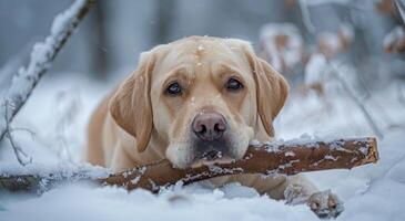 Labrador Retriever Chewing Stick in Snowy Forest photo