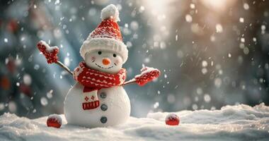 Smiling Snowman Wearing Knitted Hat and Scarf in Snowy Winter Landscape photo