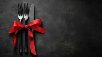 Silver cutlery with a red ribbon on a textured background for festive dining photo