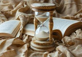 An Hourglass Resting on Vintage Books and Burlap Fabric photo