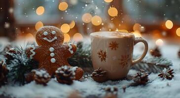 Gingerbread Man Cookie and Hot Chocolate in a Snowy Winter Setting photo