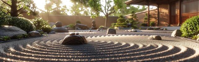 Serene Japanese Garden With Sand And Stones In Morning Light photo