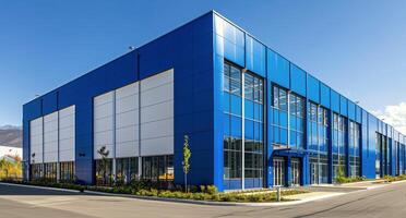 Modern Blue Commercial Building With Large Windows and White Doors photo