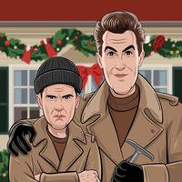 Two cartoon men in winter attire with serious expressions. vector