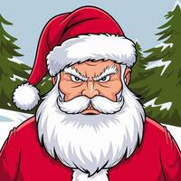 Serious Santa Claus with intense expression in snowy forest. vector