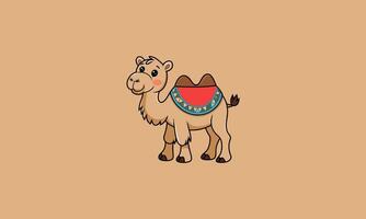 Cute cartoon camel with colorful saddle standing on sand. vector