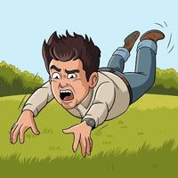 Cartoon man falling forward on grass with a shocked expression. vector