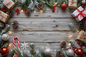 Festive Christmas Decorations Bordering Rustic Wooden Background photo
