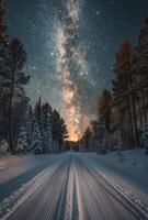 Snowy Forest Road at Sunset With the Milky Way in the Sky photo