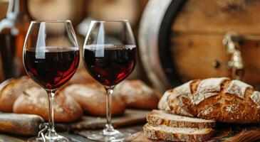 Two Glasses of Red Wine With Freshly Baked Bread and Grapes on Wooden Table photo
