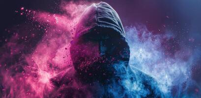 Hooded Figure Surrounded by Pink and Blue Smoke photo