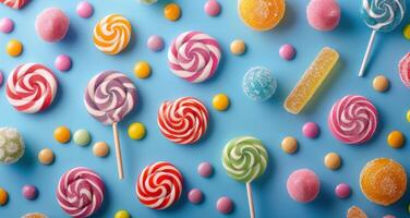 Colorful Swirled Lollipops and Candies on Blue Background photo
