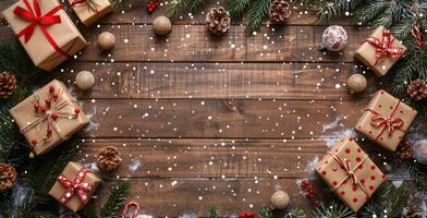 Wrapped Gifts on Rustic Wooden Surface With Pine Branches and Snow photo