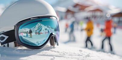 Ski Goggles on Snow With Sun Shining photo