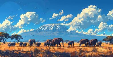 African Elephant Herd Grazing in the Savanna Under a Sunny Sky With Mount Kilimanjaro in the Background photo