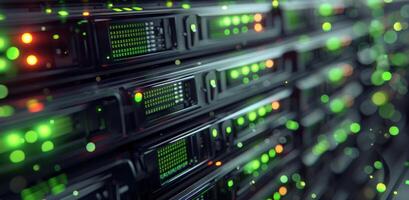 Close Up View of Server Racks With Green Lights photo