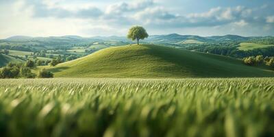 Lush green hills and a solitary tree under a bright sky at dusk photo