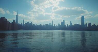 Skyline view of New York City at dusk with reflections on the water photo