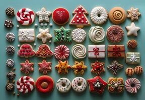 Decorated Christmas Cookies With Festive Designs on Teal Background photo