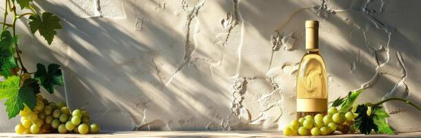White Wine Bottle and Grapes Against a White Wall With Sunlight photo