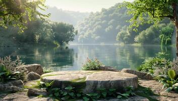 Tranquil Forest Lake Scene With Stone Platform and Lush Greenery photo