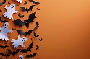 Paper Bats and Ghosts on Orange Background for Halloween photo