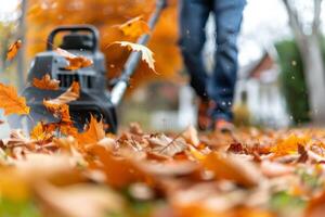 Fall Leaves Blowing With Leaf Blower photo
