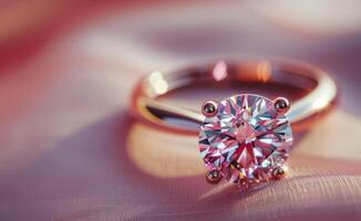 A Diamond Engagement Ring on Pink Satin Fabric photo