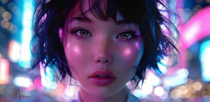 Close-Up Portrait of a Woman With Short Black Hair Illuminated by Neon Lights photo