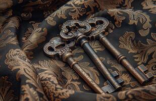 Ornate Antique Keys Resting on Fabric With Detailed Floral Pattern photo
