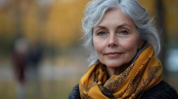 Elderly woman with silver hair and yellow scarf enjoys a serene autumn day in a park setting photo