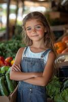 Young girl smiling among fresh vegetables at a vibrant farmers market on a sunny day photo