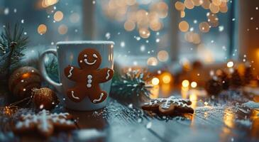 Gingerbread Man Cookie and Hot Chocolate in a Snowy Winter Setting photo