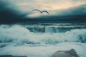 A seagull gliding above the ocean waves on a cloudy day at the beach photo