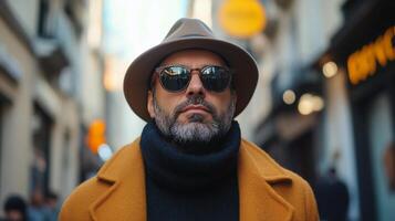 A stylish man wearing sunglasses and a hat walks through a busy city street during daytime photo
