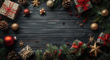 Christmas Decorations on Wooden Background photo