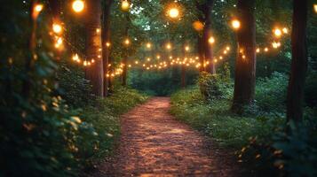 Serene winding path illuminated by fairy lights in a tranquil forest during twilight hours photo