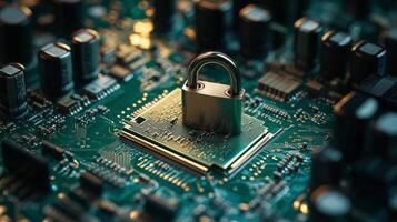 A digital lock placed on a microprocessor showcasing cybersecurity concepts in technology photo