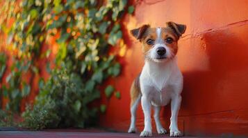 A small dog stands next to a vibrant turquoise wall surrounded by greenery in bright sunlight photo