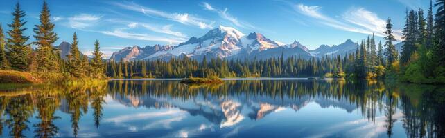 Serene Morning Reflection of Mount Rainier Over a Tranquil Lake photo