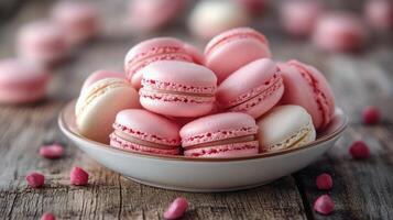 Delicate pink macarons arranged on a plate ready for serving on a wooden table photo
