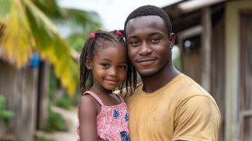 A father and daughter share a tender moment in their rural village during the afternoon photo