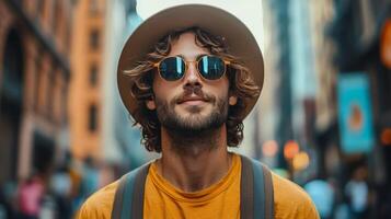 A stylish man wearing sunglasses and a hat walks through a busy city street during daytime photo